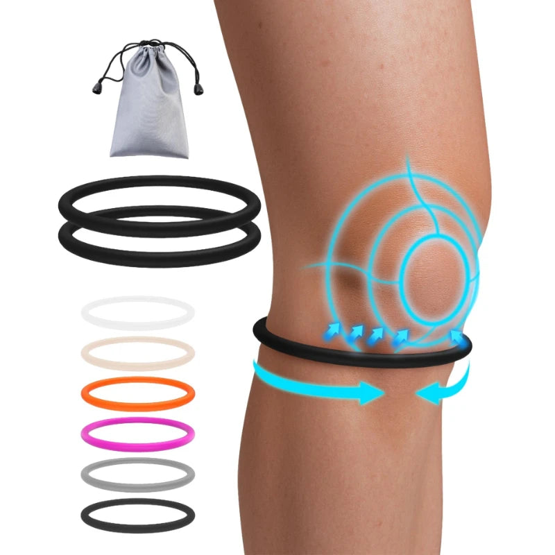 Silicone knee straps and a bag are shown next to a person's knee for joint support.