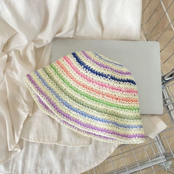 Handwoven Rainbow Stripe Straw Sun Hat with Wide Brim