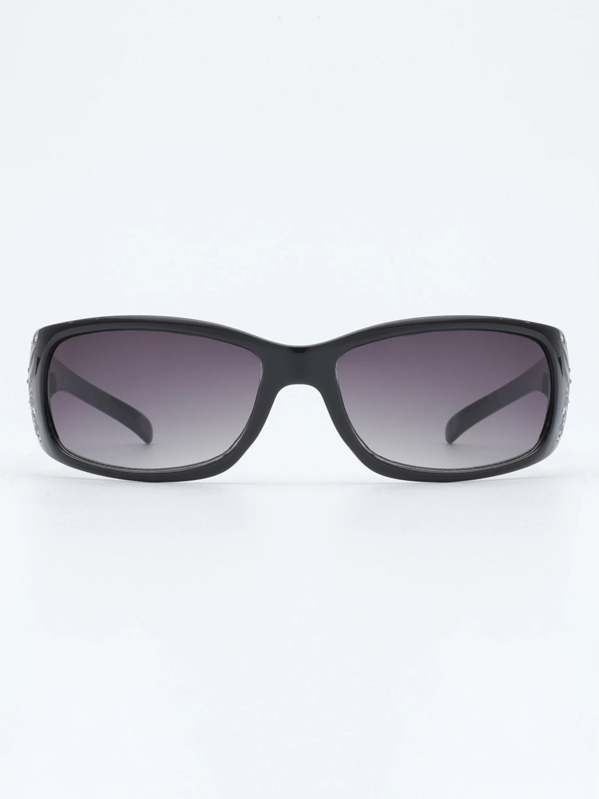 Gafas con marco cuadrado negro y lentes tintados sobre fondo blanco