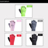 A display of various colored fingerless cycling and fitness gloves, including fluorescent green, pink, gray, red, and black.