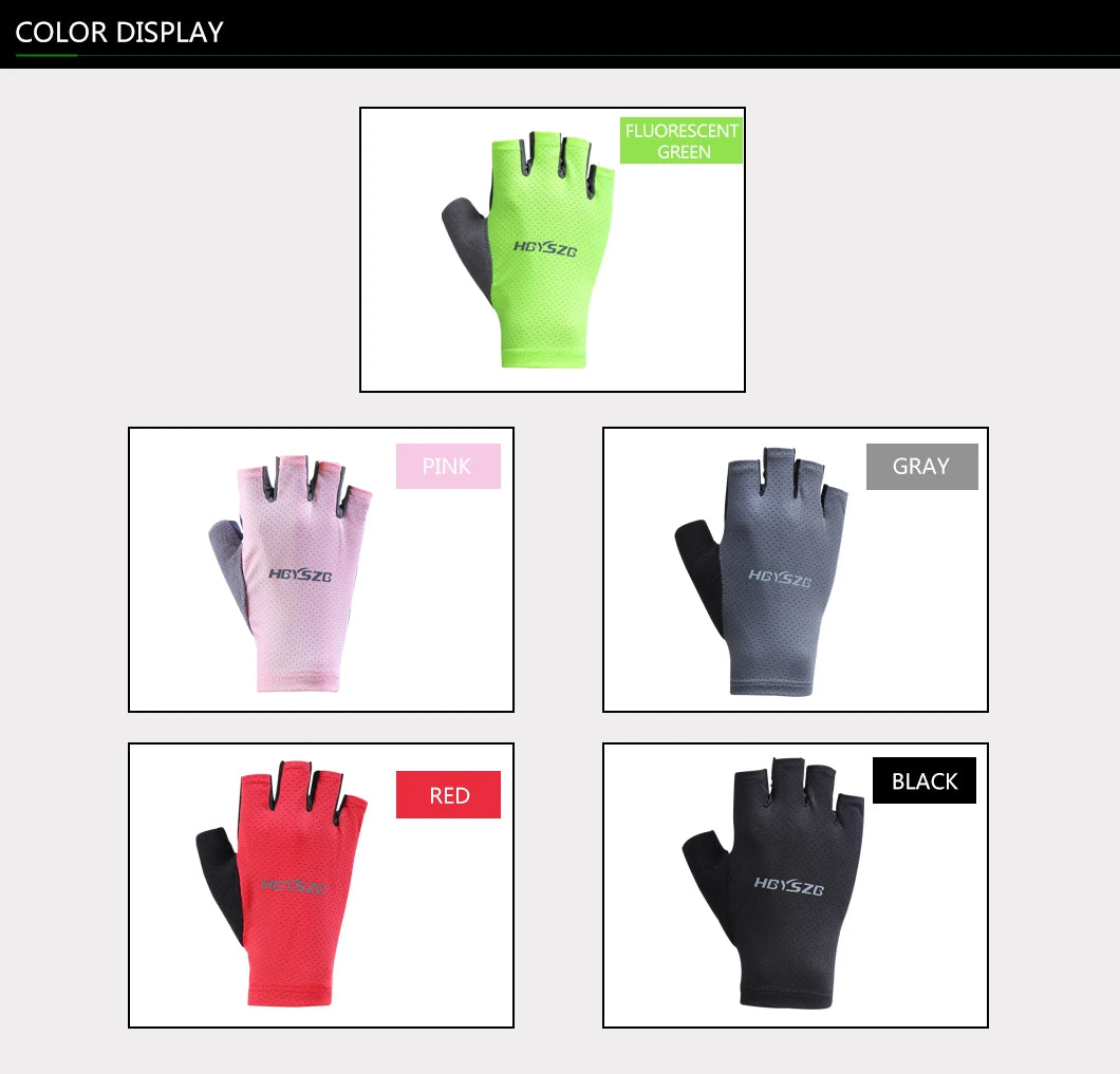 A display of various colored fingerless cycling and fitness gloves, including fluorescent green, pink, gray, red, and black.