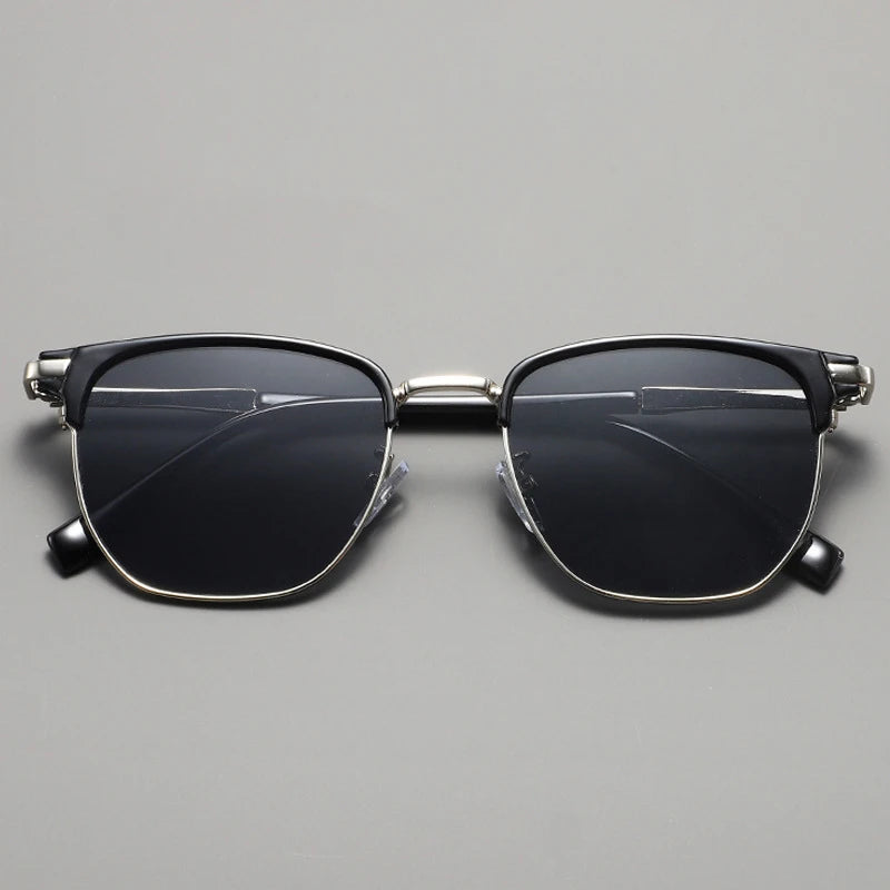 Classic square metal frame sunglasses with black lenses and silver accents