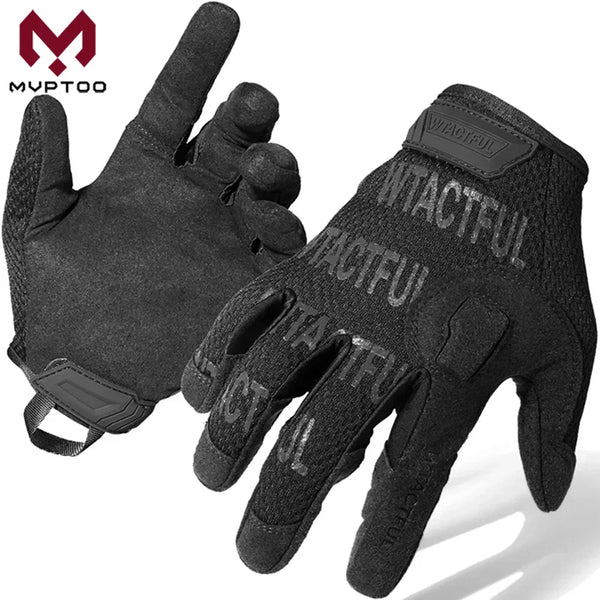 A pair of black tactical touch screen outdoor gloves shown against a white background.
