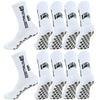 A set of white football socks with black anti-slip silicone grip patterns.
