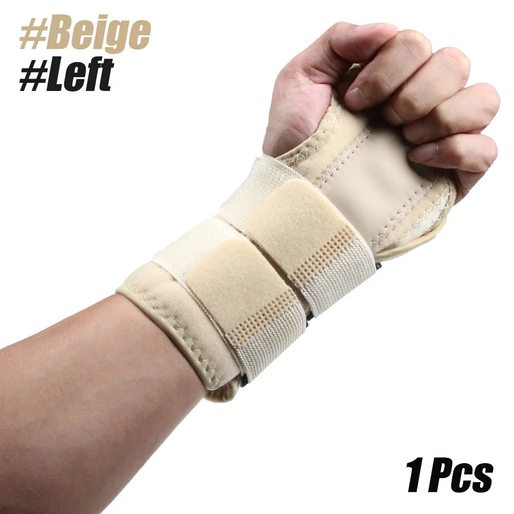 A beige wrist support splint is shown on a person's forearm, demonstrating its use for wrist protection.