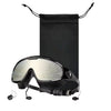 A pair of black anti-fog UV swim goggles is displayed against a dark background.