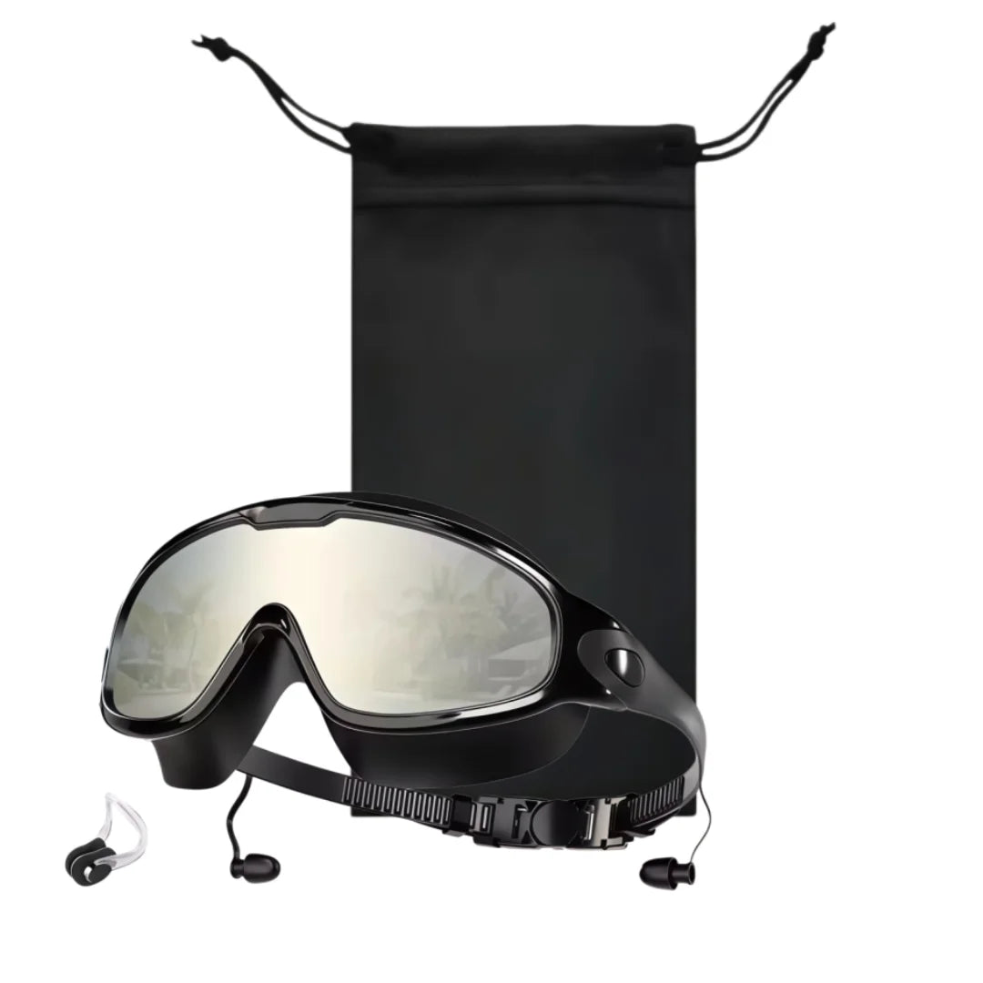A pair of black anti-fog UV swim goggles is displayed against a dark background.