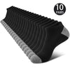 A stack of ten pairs of black and gray comfort fit ankle socks.