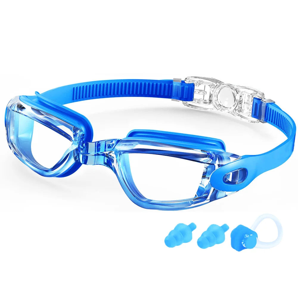 Blue professional anti-fog swimming goggles with a silicone strap and clear lenses