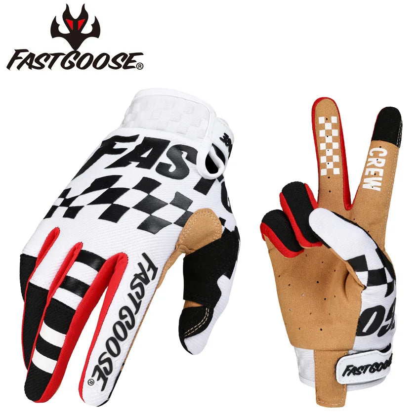 A pair of white and black FastGoose cycling gloves shown in a close-up view.