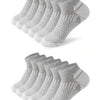 A stack of gray athletic knit ankle socks for men shown from above.