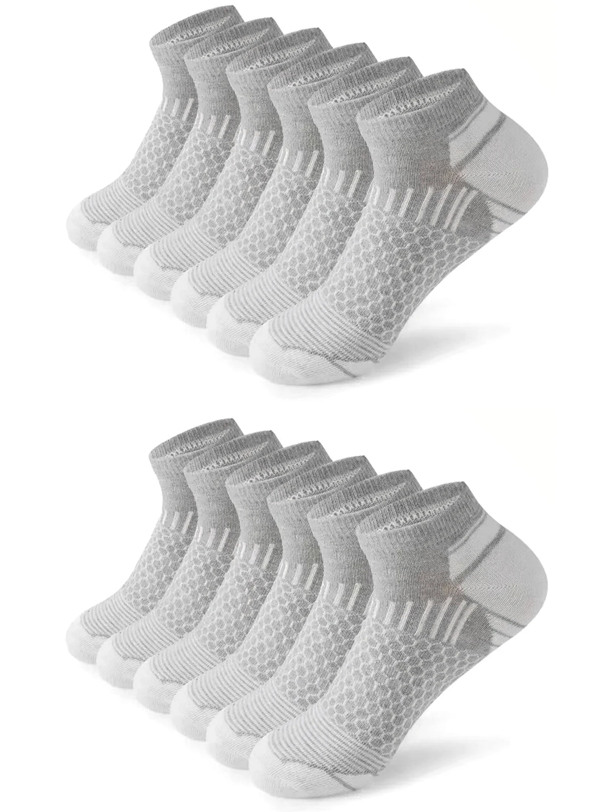 A stack of gray athletic knit ankle socks for men shown from above.