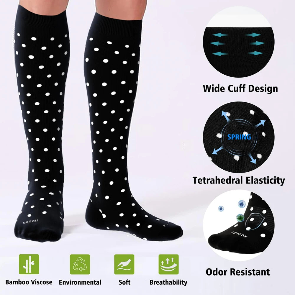 Black compression socks with white polka dots shown on a foot and leg, highlighting features like elasticity and breathabilit