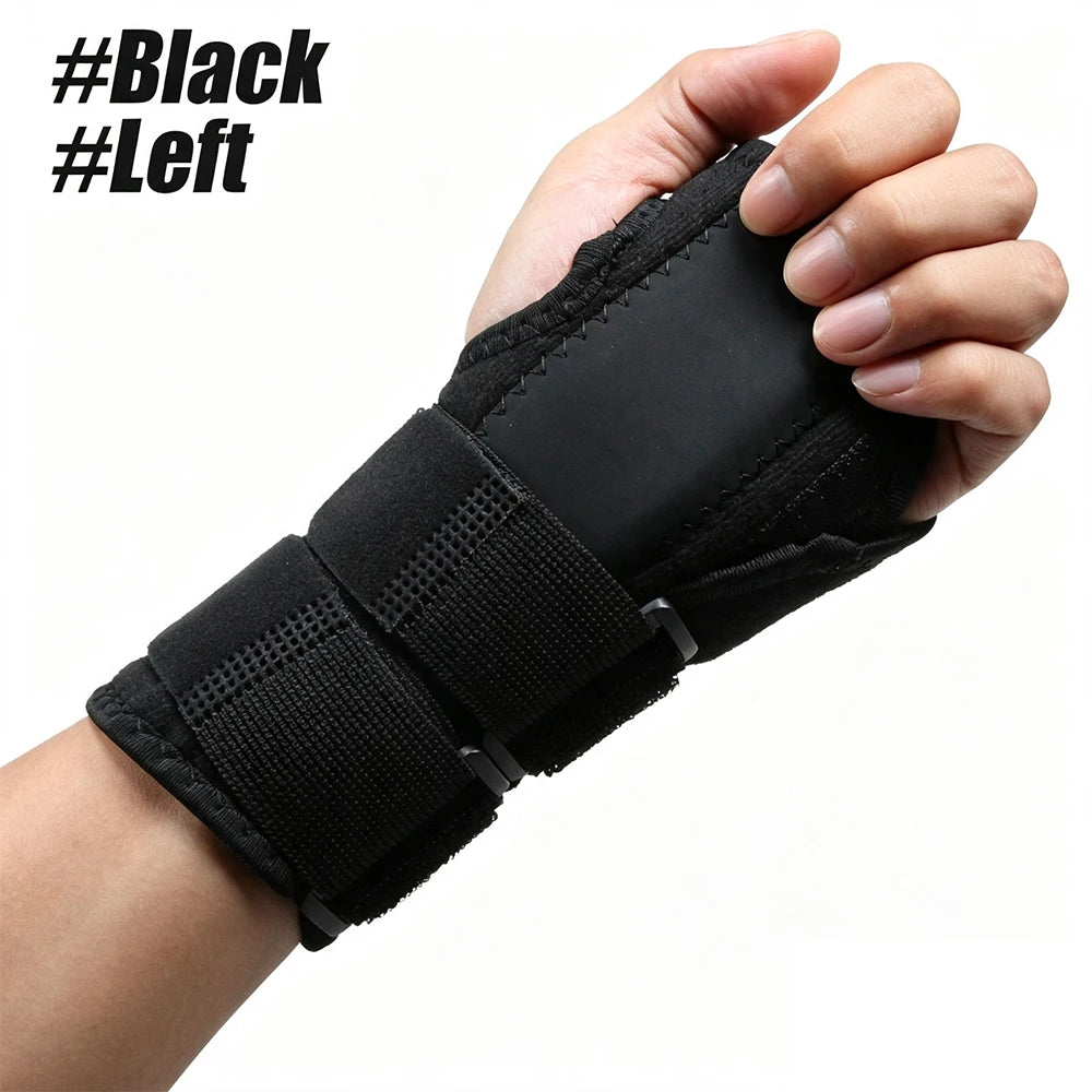 A hand is holding a black wrist splint or brace, showing the left side of the device.