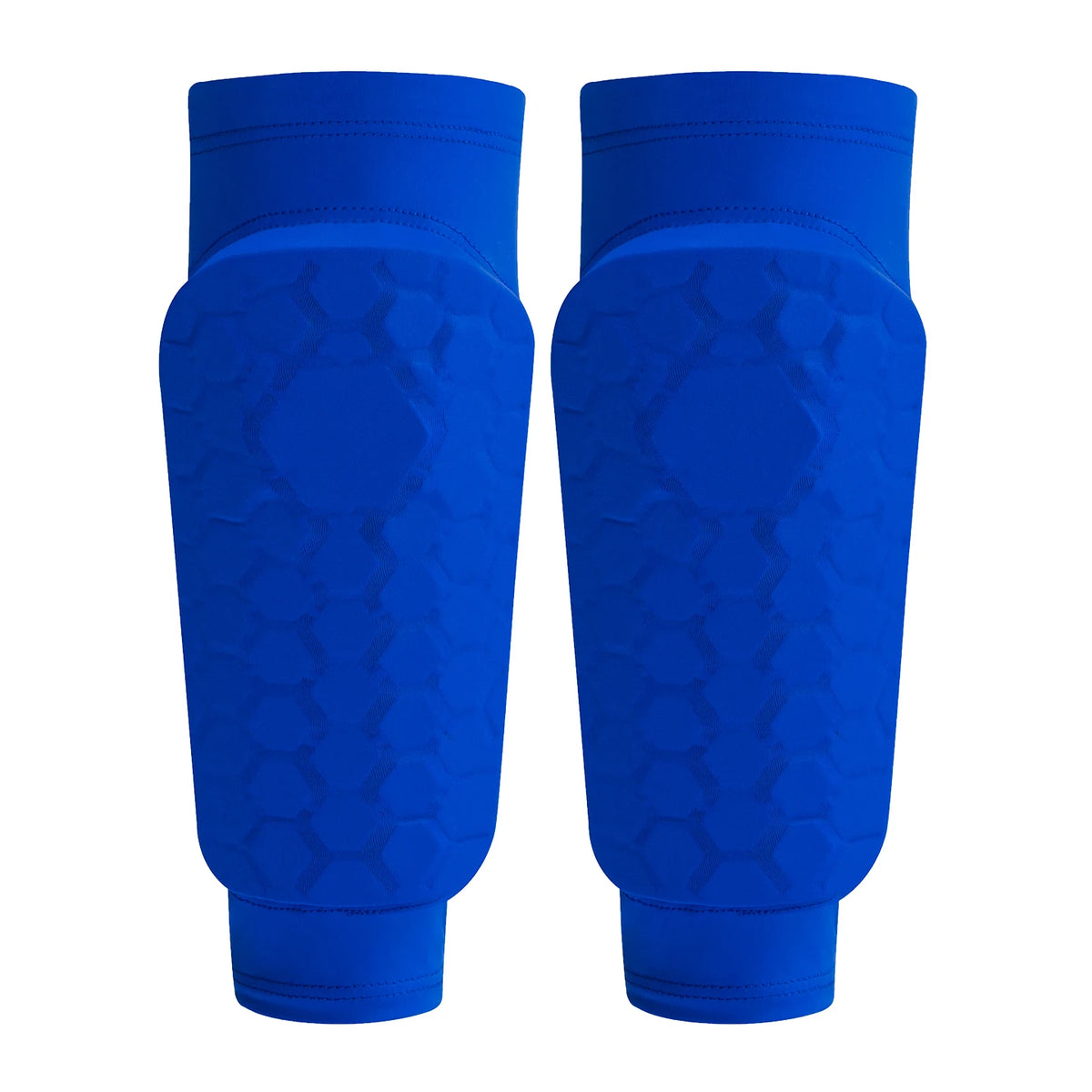 A pair of bright blue lightweight soccer shin guards for calf protection.
