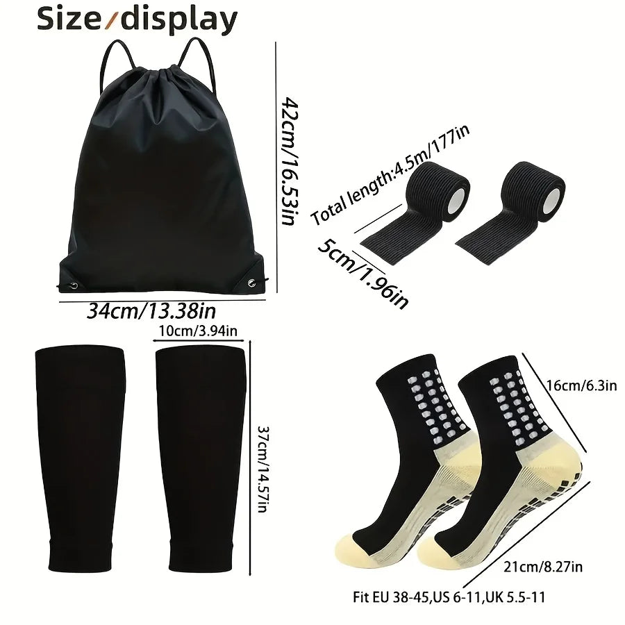 Black football gear set including a bag, bandages, and non-slip socks for EU/US fit.