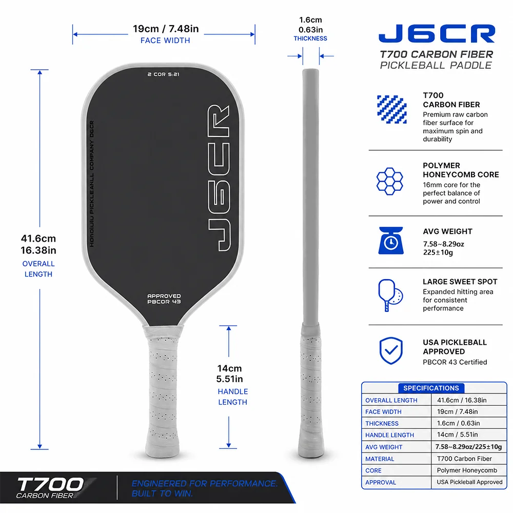 Pickleball-Schläger J6CR T700 aus Kohlefaser mit Maßen und Spezifikationen