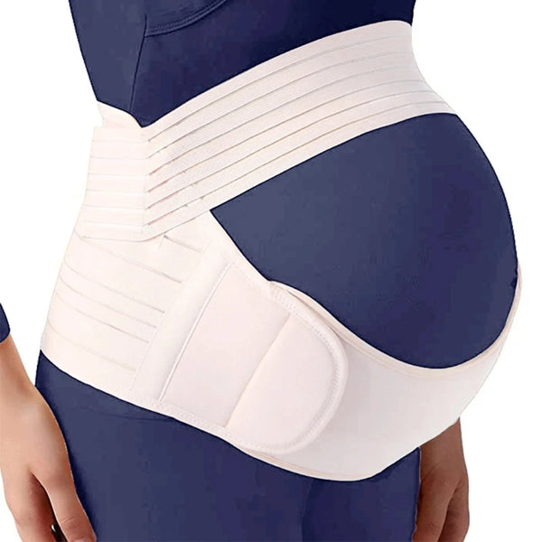 A white adjustable maternity belly support belt worn around a pregnant abdomen.