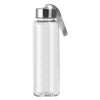Bouteille d'eau sportive en plastique transparent avec un cap argenté et une gaine protectrice rayée