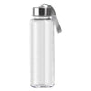Bouteille d'eau sportive en plastique transparent avec un cap argenté et une gaine protectrice rayée