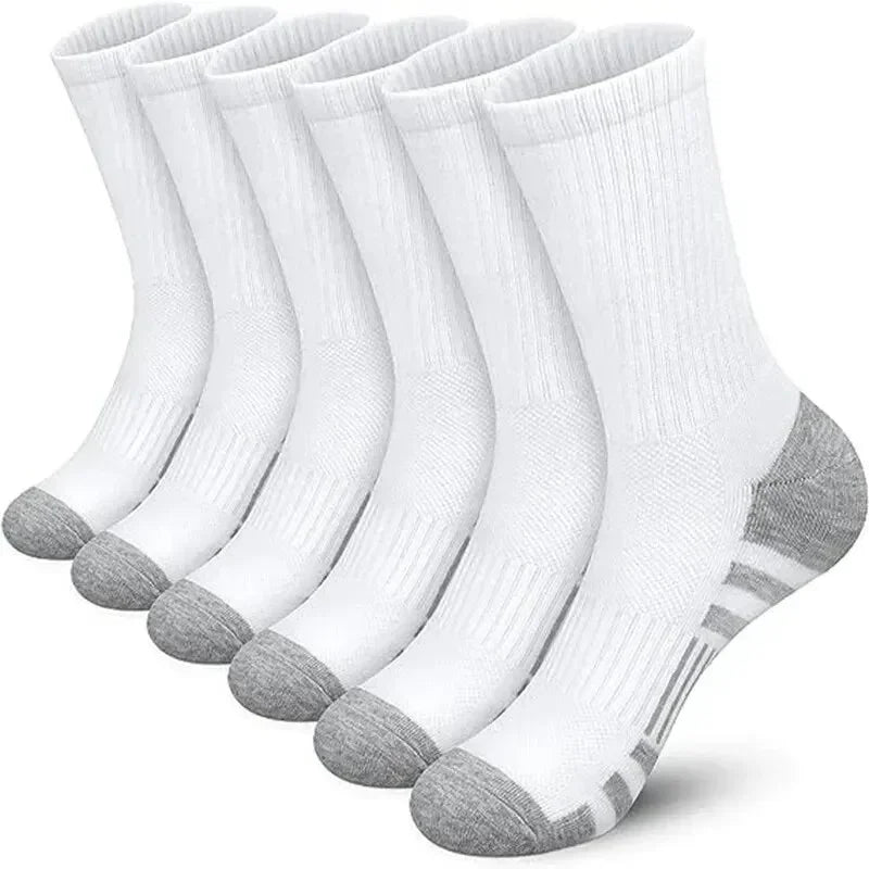 A pack of six white and gray men's outdoor gym football socks displayed together.