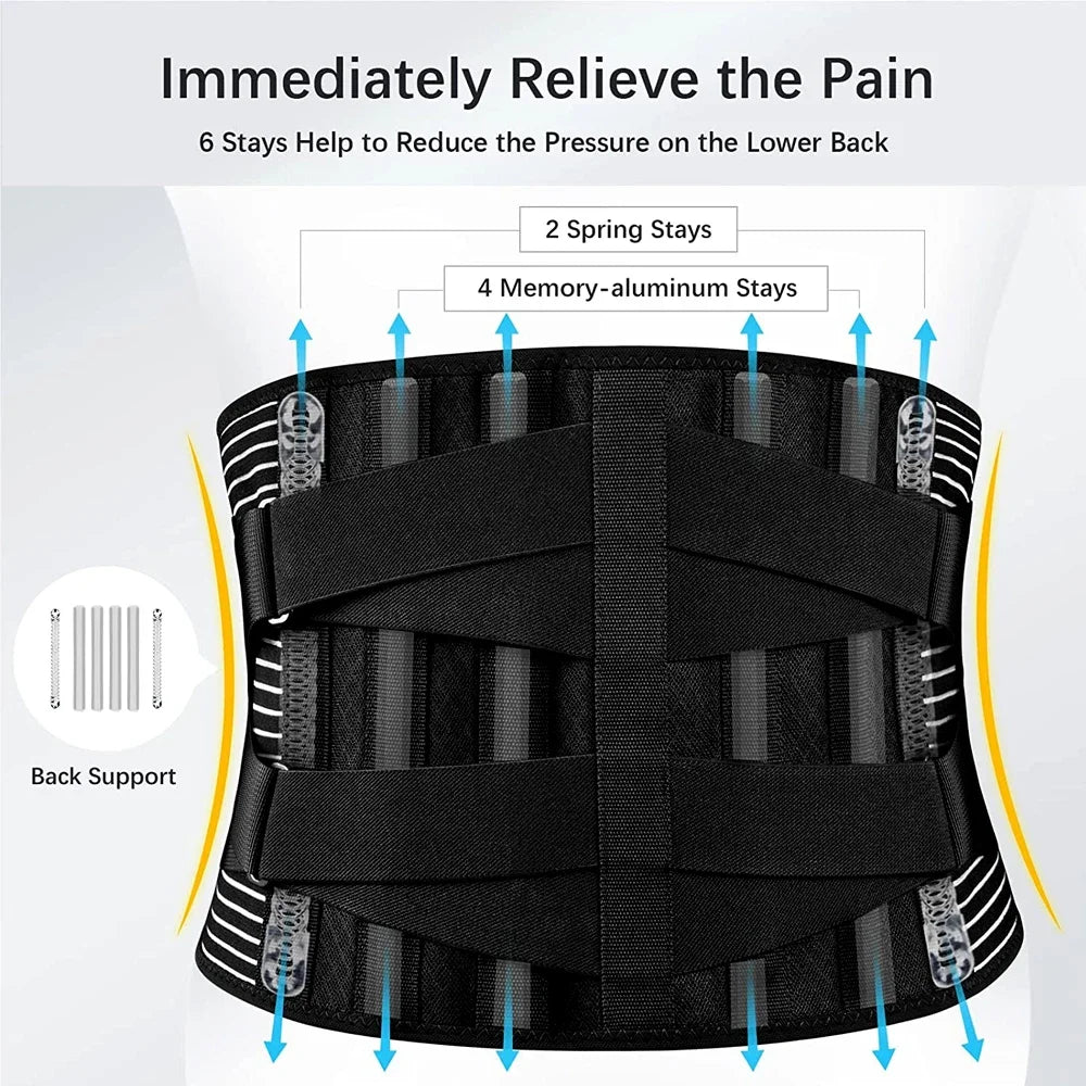Black orthopedic lumbar support belt featuring spring and memory-aluminum stays for lower back pain relief