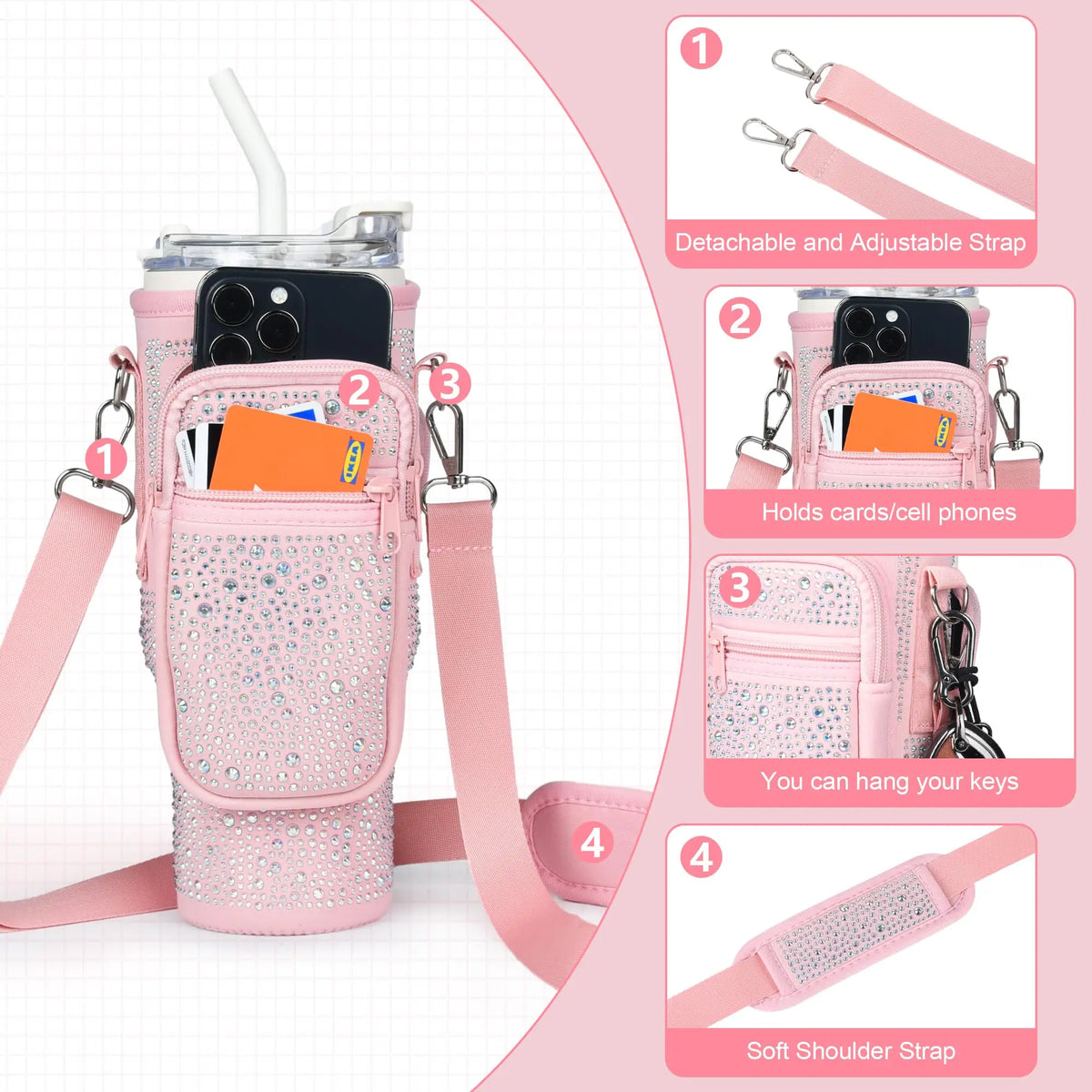 Pink diamond accent pouch for carrying cards and cell phones with a detachable strap.