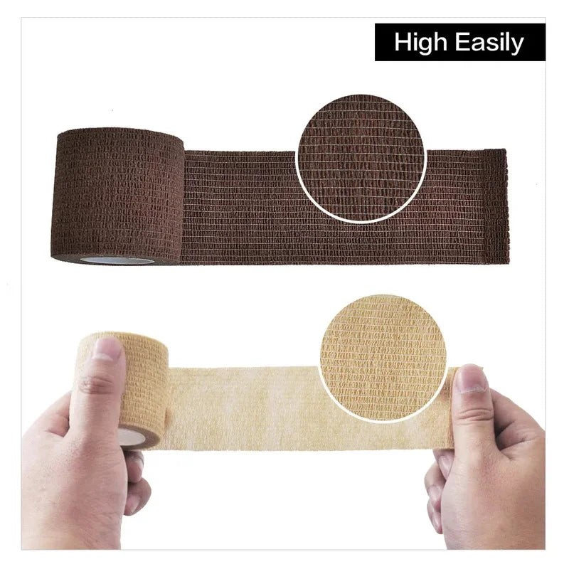 Rolls of brown elastic grip tape for finger and wrist protection shown next to hands.