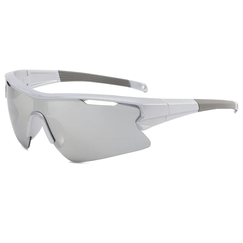 Gray sports sunglasses with a white frame and gray temples shown from the side.