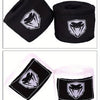 Black professional cotton boxing hand wraps with a silver wolf head logo