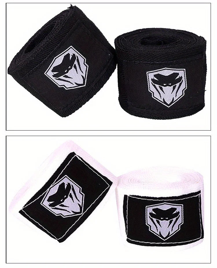 Black professional cotton boxing hand wraps with a silver wolf head logo
