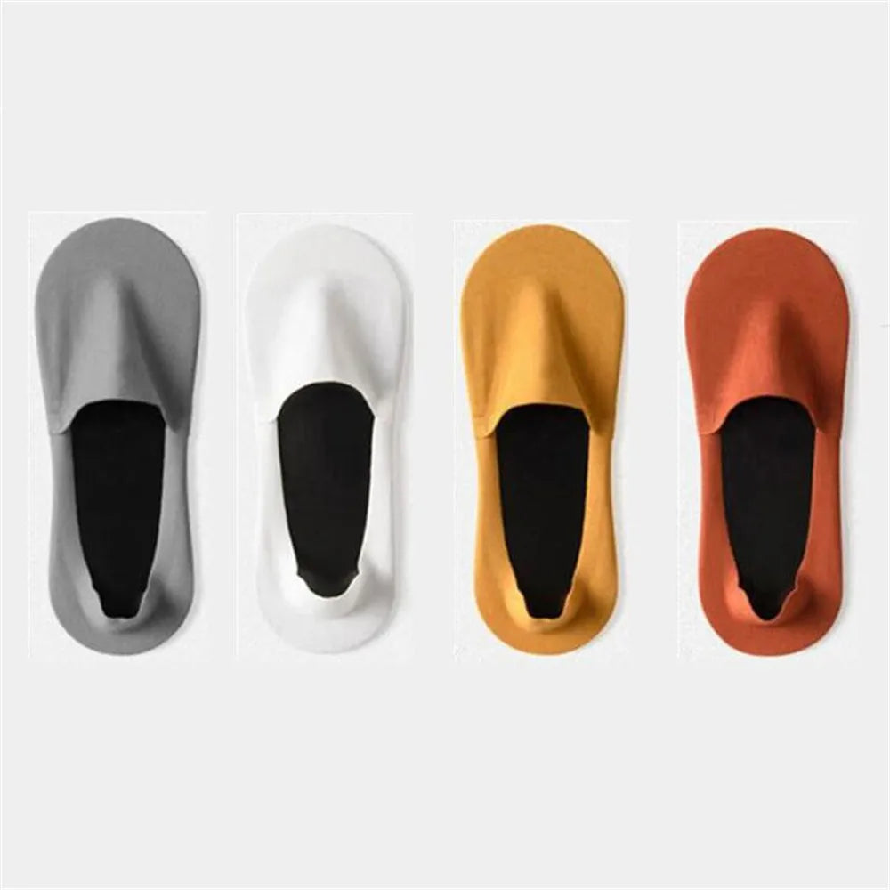 Four pairs of men's invisible boat socks in gray, white, gold, and terracotta colors shown from the top view.