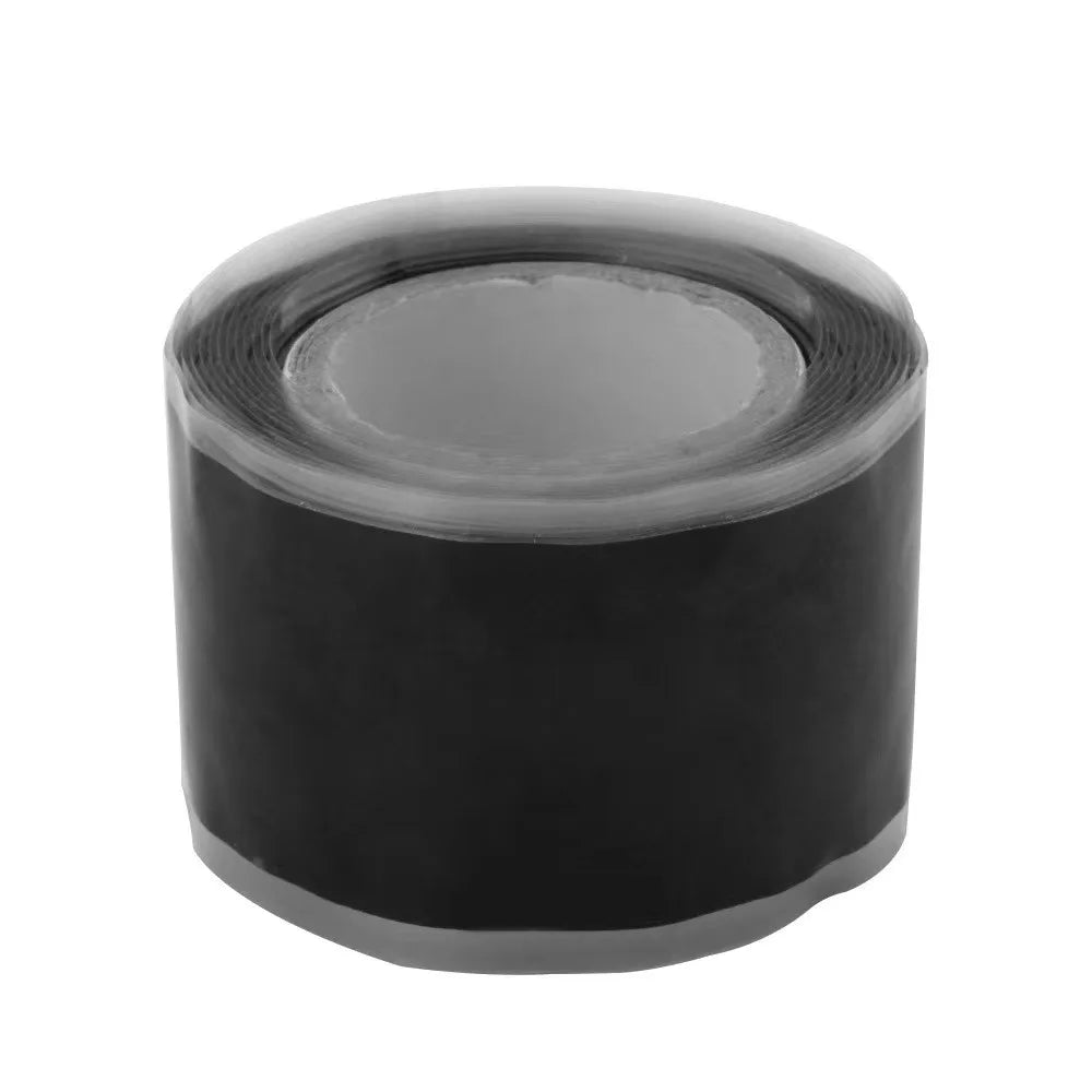 Roll of black heavy duty self-fusing silicone repair tape on a white background