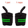 A pair of black heavy duty wrist wraps with neon green stripes shown from the side.