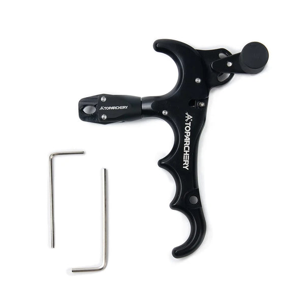 Black compound bow release tool with a thumb trigger and a straight metal rod.