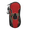 A red and black pouch designed to hold a pair of spider web eyeglasses.