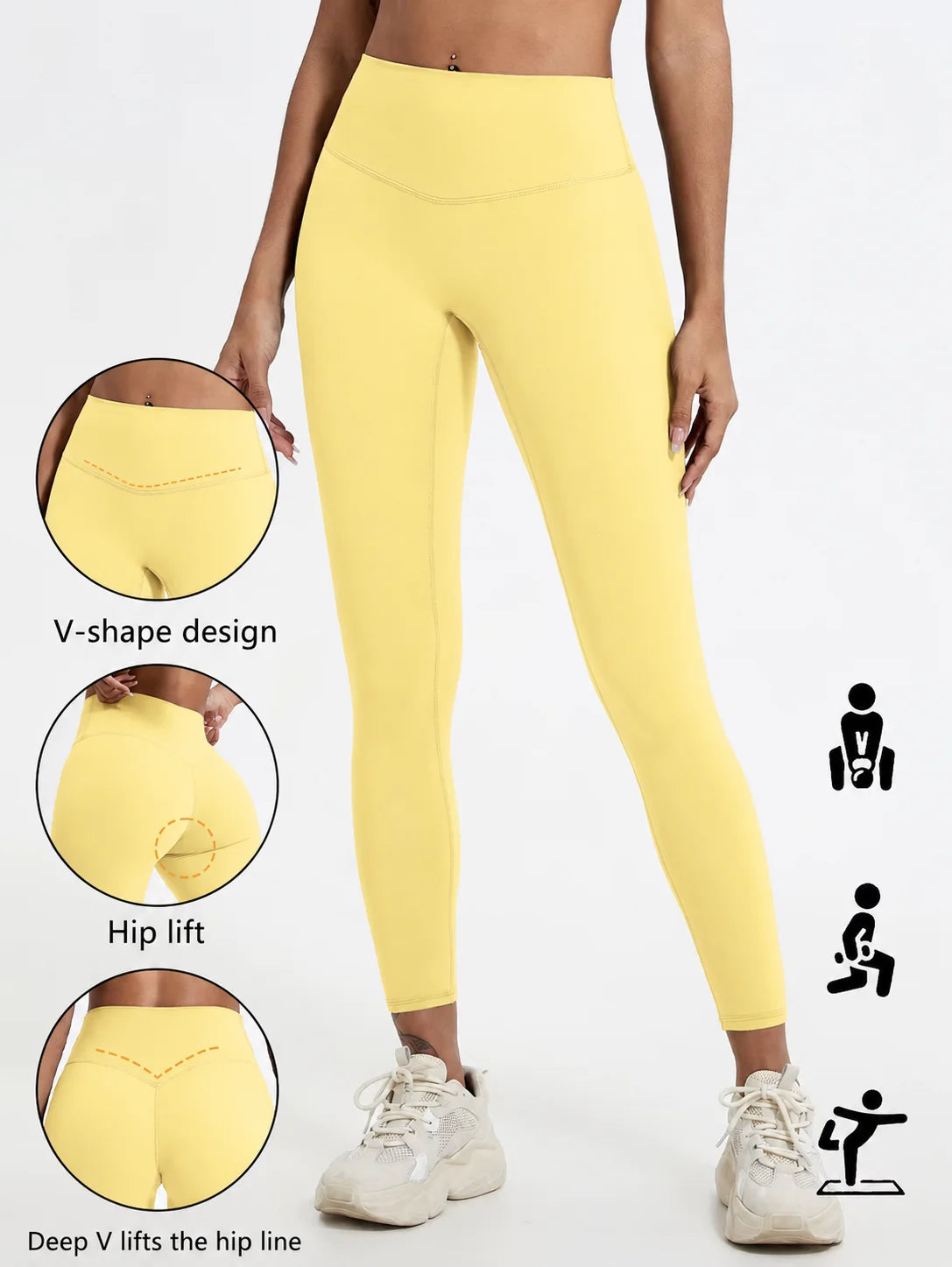 A model wears yellow high-waist yoga leggings demonstrating the V-shape design and hip lift features.