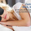 A woman sleeping comfortably with a black light blocking sleep mask on her eyes, demonstrating side, back, and stomach sleep 