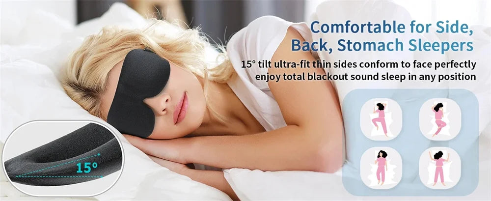 A woman sleeping comfortably with a black light blocking sleep mask on her eyes, demonstrating side, back, and stomach sleep 