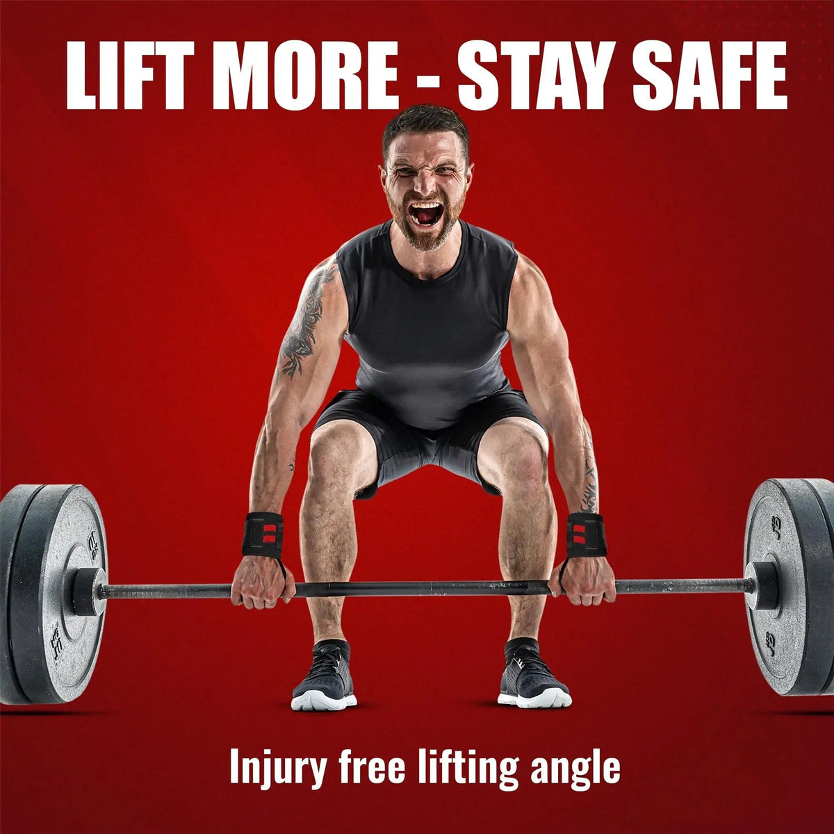 A muscular man lifts a barbell with wristbands, demonstrating an injury-free lifting angle.