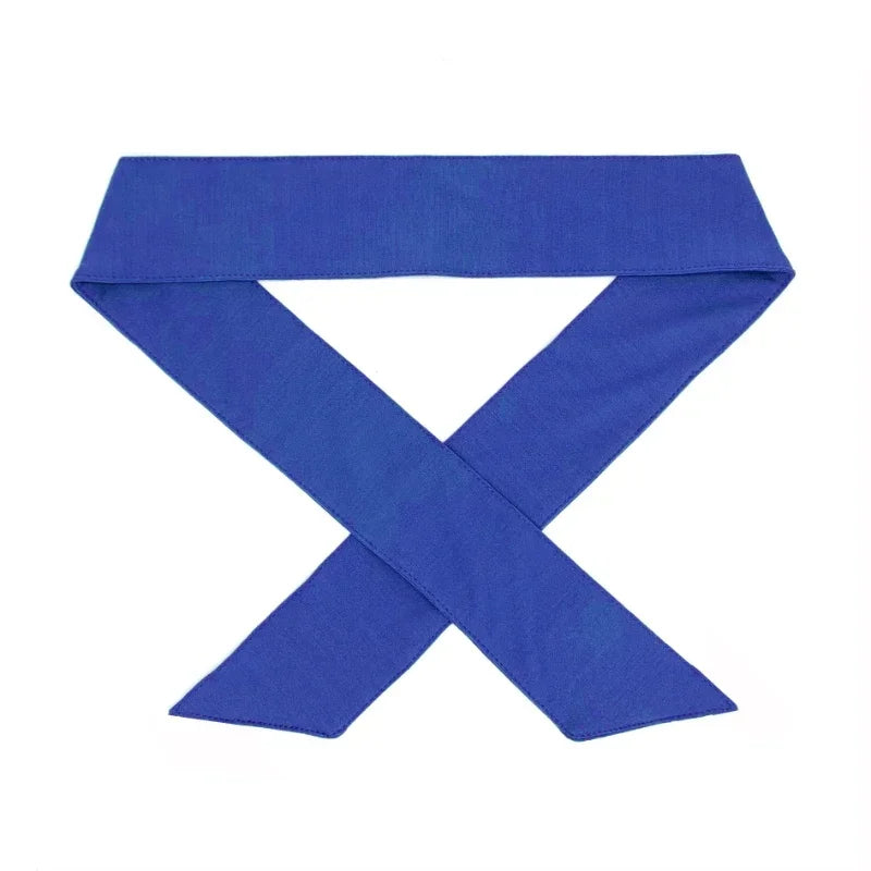 Blue breathable sports headband folded into an 'X' shape