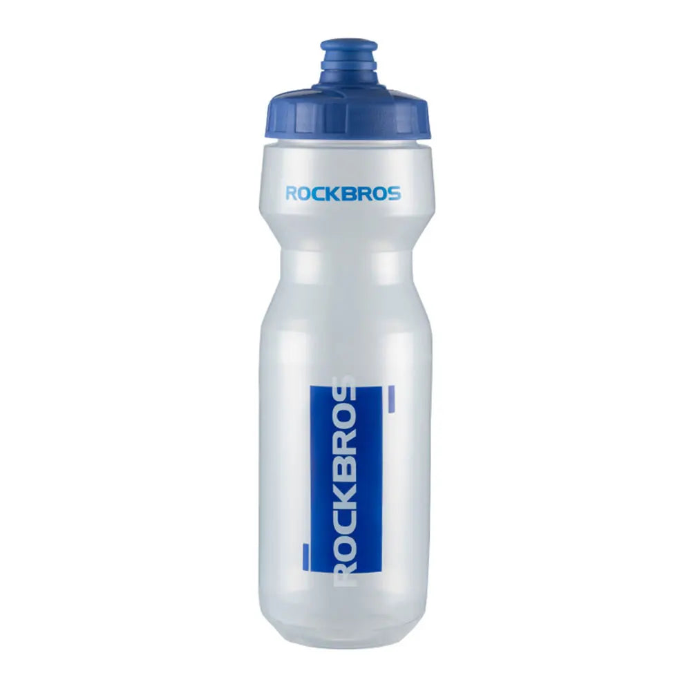 A clear plastic sports water bottle with a blue cap and a blue label featuring the ROCKBROS brand.