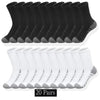 A set of 20 pairs of black and white athletic socks displayed in a row.