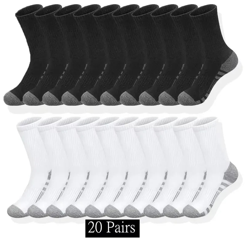 A set of 20 pairs of black and white athletic socks displayed in a row.