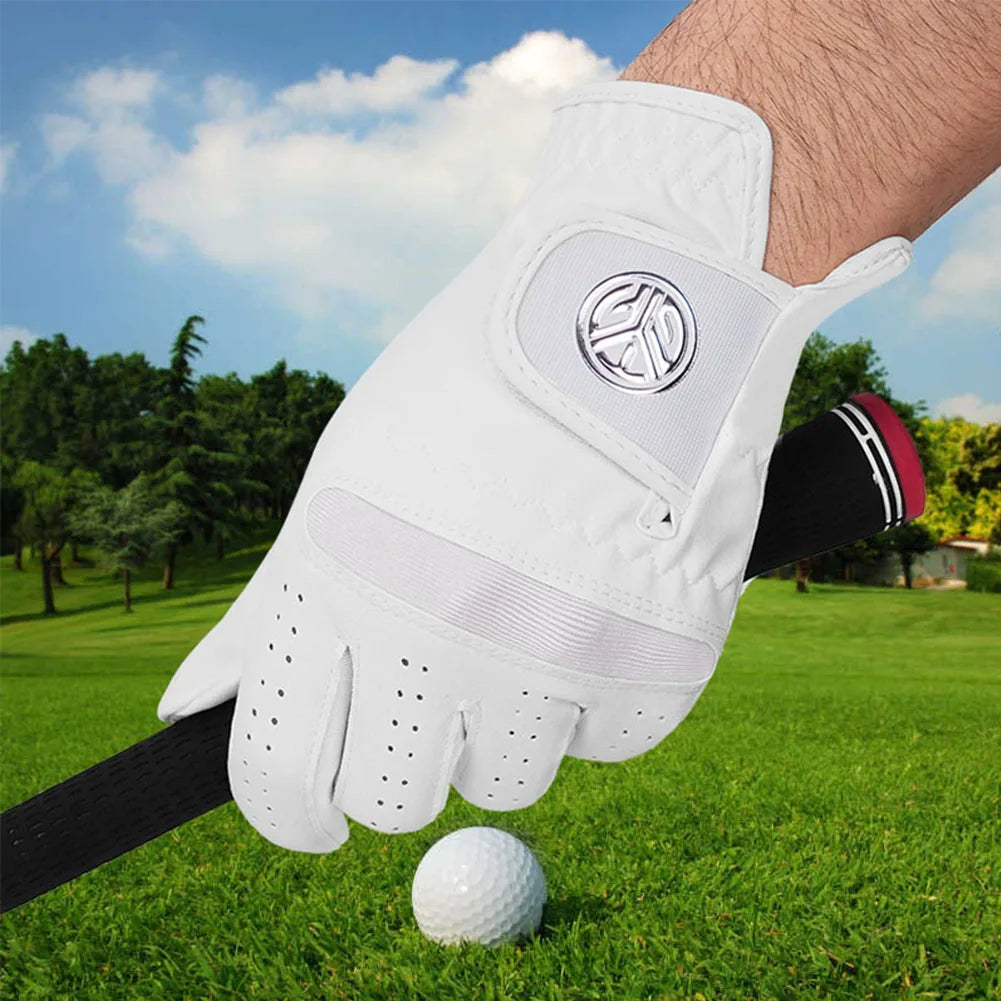 A hand wearing a white breathable golf glove is shown hitting a golf ball on a green lawn.