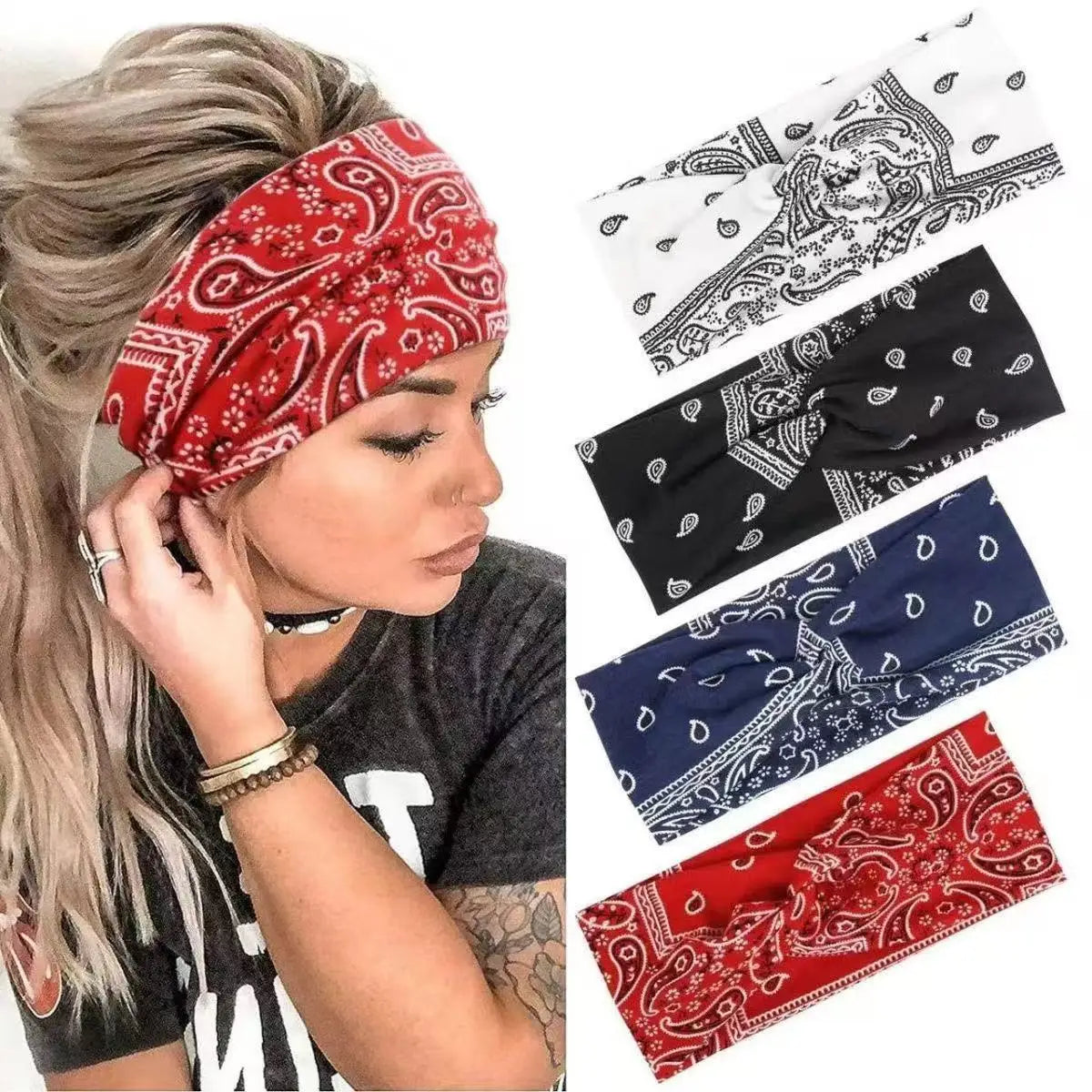A woman wearing a bohemian print wide headband for yoga or running.