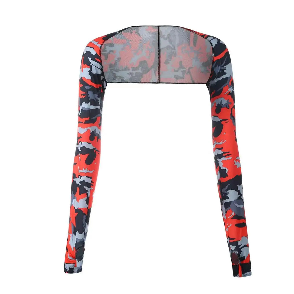 A pair of camouflage patterned arm sleeves for UV protection.