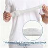 A hand is holding a light gray, padded elastic strap designed for cushioning and shock absorption.