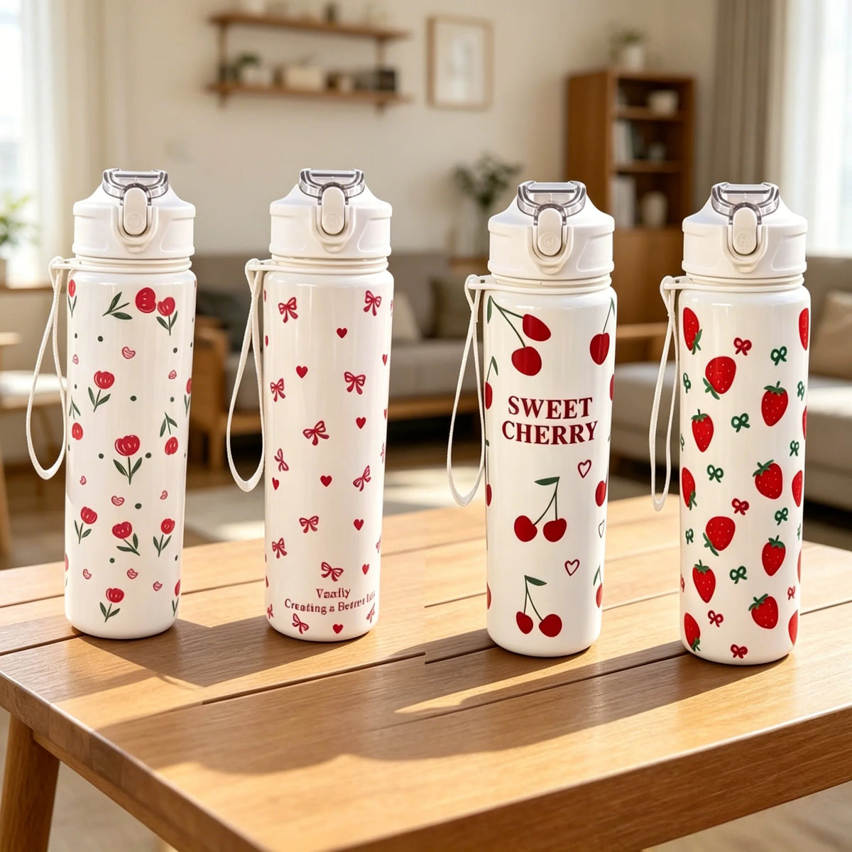 Four white reusable water bottles decorated with red strawberries and cherry leaves sitting on a wooden table.