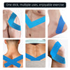 Set de cinta kinesiológica azul mostrada en diversas aplicaciones en brazo, torso y pierna.